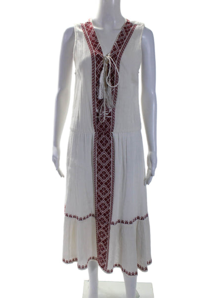 Melissa Odabash Womens Sleeveless V Neck Embroidered Midi Dress White Red Medium