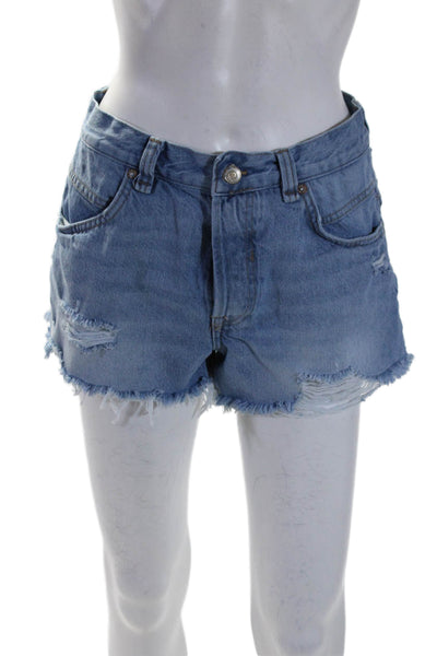 We The Free Womens Denim Cut Off Button Up Ripped Shorts Blue Cotton Size 27