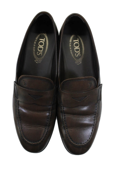 Tods Mens Leather Round Apron Toe Slip-On Penny Casual Loafers Brown Size 7