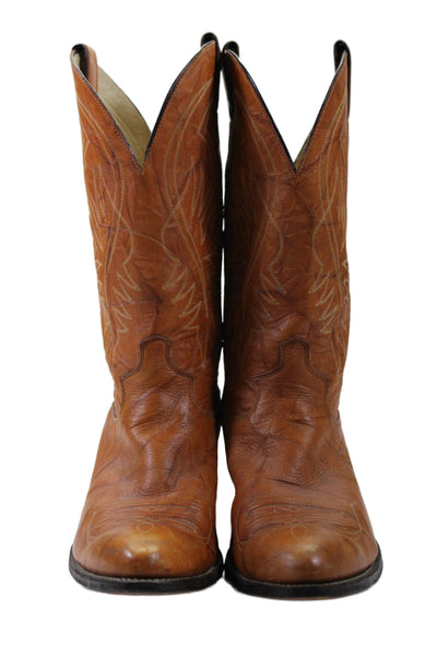 Justin Mens Leather Pull On Medium Heel Cowboy Boots Brown 10.5 Extra Wide