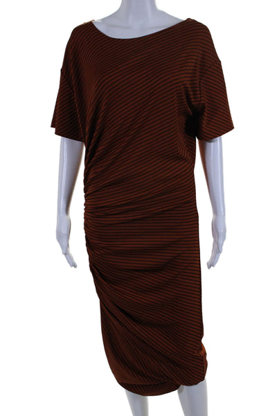 Zara Womens Brown Striped Ruched Crew Neck Short Sleeve Bodycon Dress Size M