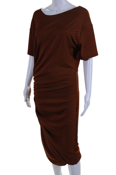 Zara Womens Brown Striped Ruched Crew Neck Short Sleeve Bodycon Dress Size M