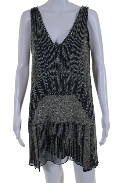 Parker Womens Silk Blue Beaded Detail V-neck Sleeveless Mini Dress Size M