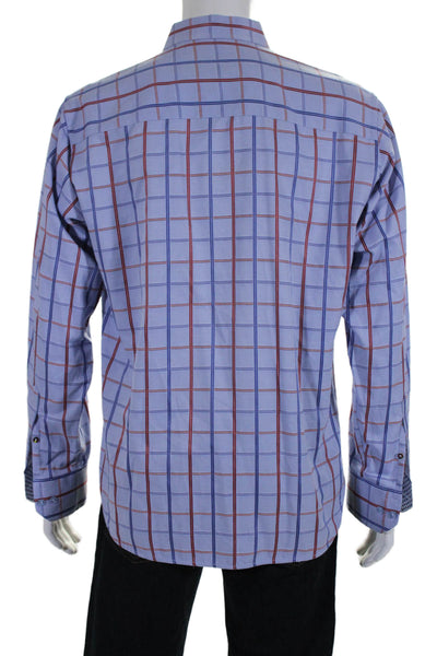 Luchiano Visconti Mens Cotton Check Print Button Down Dress Shirt Blue Size M