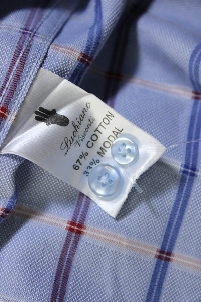 Luchiano Visconti Mens Cotton Check Print Button Down Dress Shirt Blue Size M