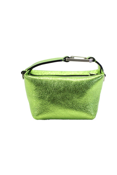 EERA Womens Zip Top Single Handle Small Metallic Pouch Handbag Green Leather