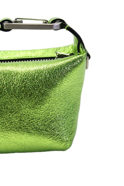 EERA Womens Zip Top Single Handle Small Metallic Pouch Handbag Green Leather