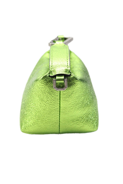 EERA Womens Zip Top Single Handle Small Metallic Pouch Handbag Green Leather