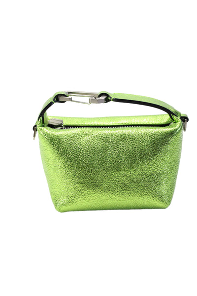 EERA Womens Zip Top Single Handle Small Metallic Pouch Handbag Green Leather