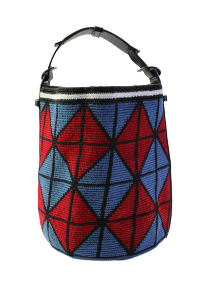 Designer Womens Top Handle Woven Geometric Print Bucket Handabg Blue Red Black