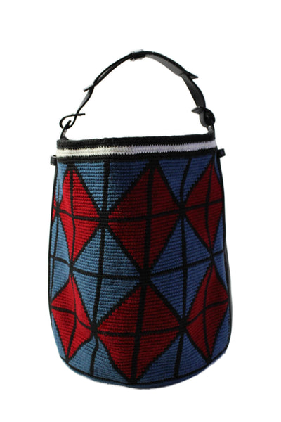 Designer Womens Top Handle Woven Geometric Print Bucket Handabg Blue Red Black