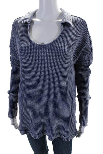 Bucket List Womens Long Sleeve Collared Scoop Neck Sweater Blue Size Small