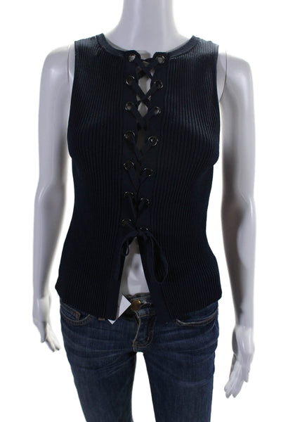 Intermix Womens Sleeveless Lace Up Back Ribbed Blouse Navy Blue Size Small