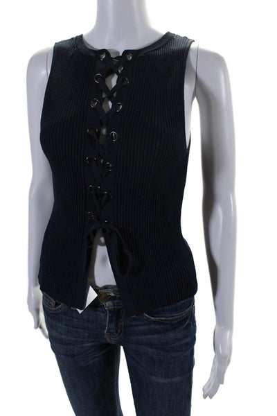 Intermix Womens Sleeveless Lace Up Back Ribbed Blouse Navy Blue Size Small