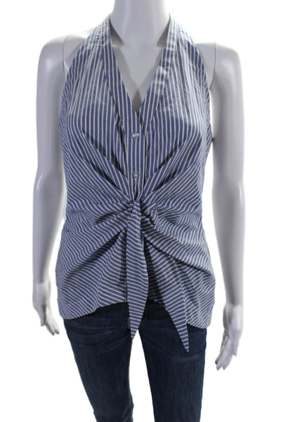 Drew Womens Button Front Vertical Striped V Neck Blouse Blue White Size Small