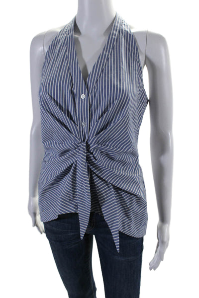 Drew Womens Button Front Vertical Striped V Neck Blouse Blue White Size Small