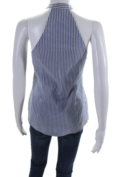 Drew Womens Button Front Vertical Striped V Neck Blouse Blue White Size Small