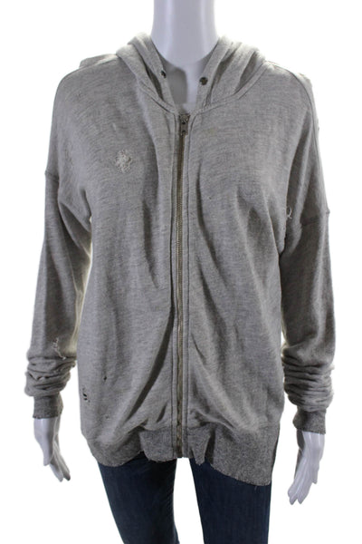 Philanthropy Womens Front Zip Drawstring Distressed Hoodie Sweater Gray Medium