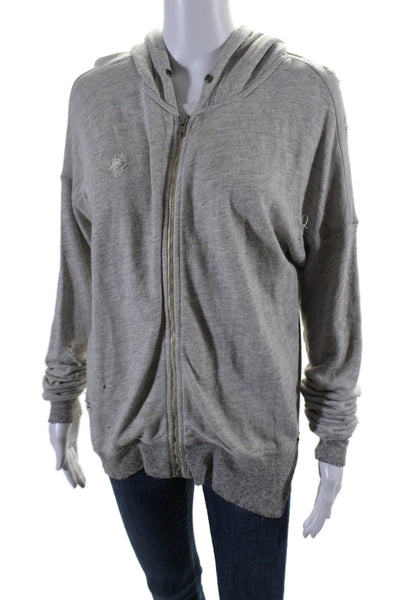 Philanthropy Womens Front Zip Drawstring Distressed Hoodie Sweater Gray Medium