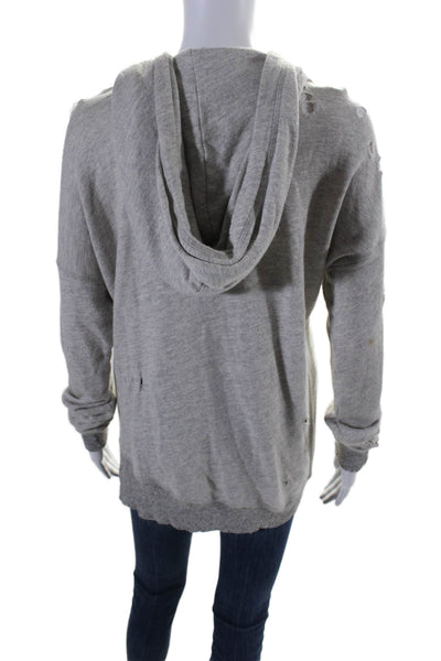 Philanthropy Womens Front Zip Drawstring Distressed Hoodie Sweater Gray Medium