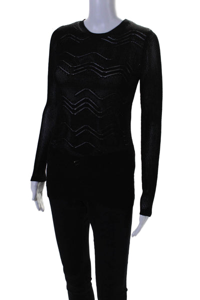 Vince Womens Netted Long Sleeve Unlined Crewneck Knit Shirt Top Black Size 2XS