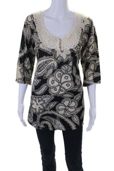 Joie Womens Cotton Black Beige Floral Scoop Neck Long Sleeve Blouse Top Size XS