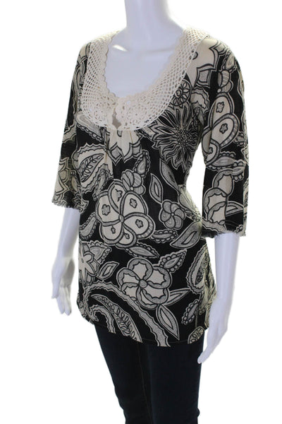 Joie Womens Cotton Black Beige Floral Scoop Neck Long Sleeve Blouse Top Size XS