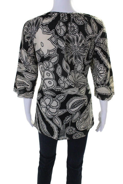 Joie Womens Cotton Black Beige Floral Scoop Neck Long Sleeve Blouse Top Size XS