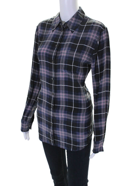 Equipment Femme Womens Silk Blue Pink Plaid Long Sleeve Button Down Shirt Size S