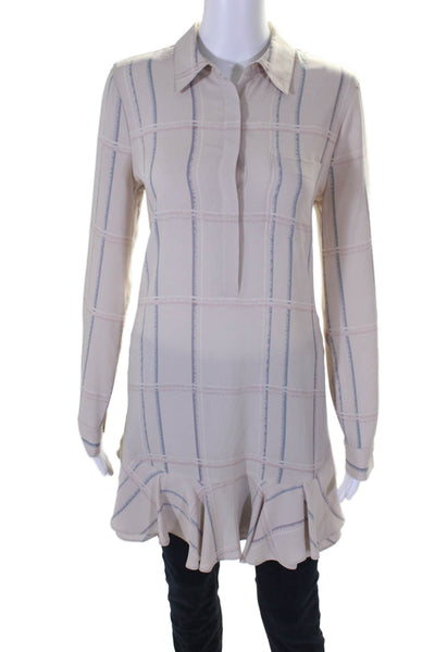 BCBGMAXAZRIA Womens Beige Plaid Collar Long Sleeve Peplum Tunic Shirt Size S