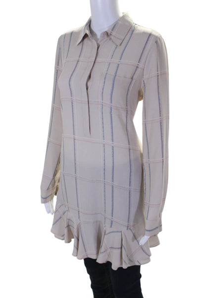 BCBGMAXAZRIA Womens Beige Plaid Collar Long Sleeve Peplum Tunic Shirt Size S