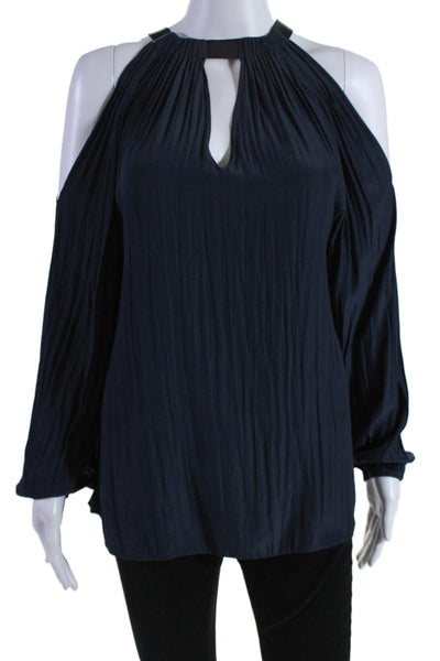 Designer Womens Cold Shoulder Long Sleeves Blouse Navy Blue Size Small