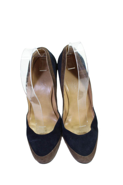 Hermes Womens Suede Slide On Classic Wedge Pumps Navy Blue Brown Size 37 7