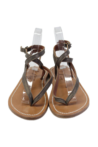 K Jacques Women's T-Straps Flat Ankle Buckle Sandals Gray Size 37