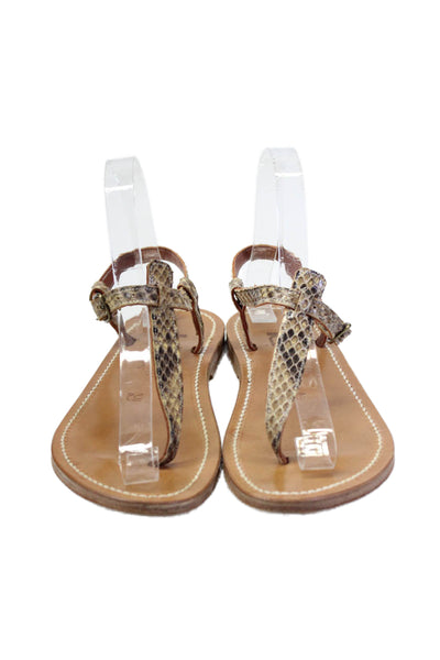 K Jacques Women's T-Straps Snake Print Textured Leather Flat Sandals Size 37