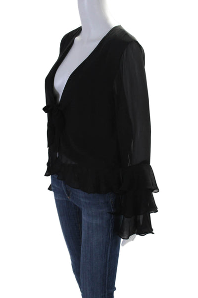 Tularosa Women's V-Neck Long Sleeves Ruffle Sheer Blouse Black Size S