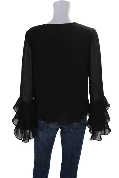 Tularosa Women's V-Neck Long Sleeves Ruffle Sheer Blouse Black Size S