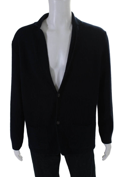 Ferrante Mens Button Front V Neck Cardigan Sweater Navy Blue Wool Size IT 56