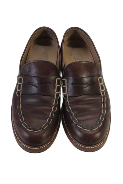 Tods Men's Round Toe Leather Slip-On Loafers Shoes Brown Size 8.5