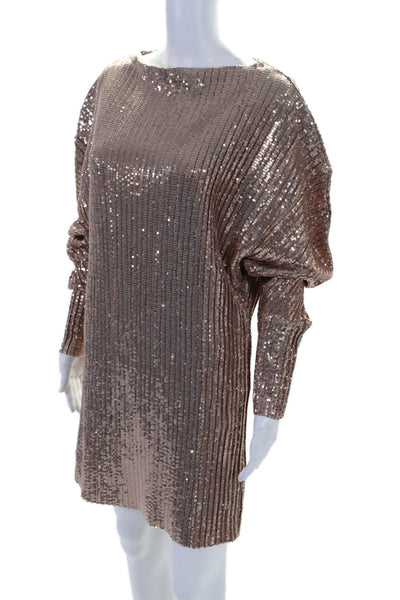 Zara Womens Pink Sequins Pleated Crew Neck Long Sleeve Mini Dress Size S