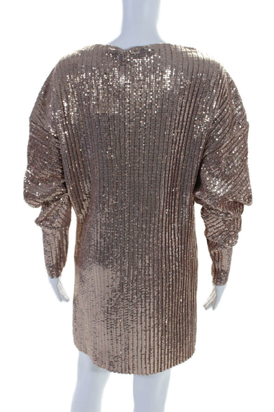 Zara Womens Pink Sequins Pleated Crew Neck Long Sleeve Mini Dress Size S