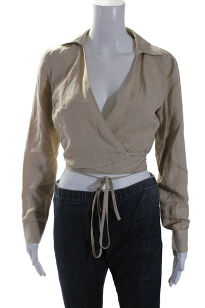 Intermix Womens Long Sleeve Collared Tie Wrap Blouse Beige Size S