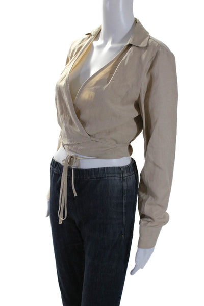 Intermix Womens Long Sleeve Collared Tie Wrap Blouse Beige Size S