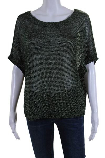 Vince Womens Metallic Open Knit Round Neck Sleeveless Pullover Top Green Size L