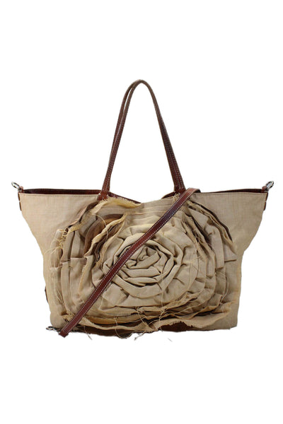 Valentino Garavani Womens Linen Large Petal Rose Tote Shoulder Handbag Beige