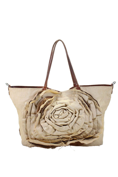 Valentino Garavani Womens Linen Large Petal Rose Tote Shoulder Handbag Beige