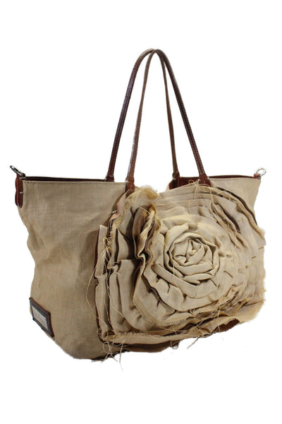 Valentino Garavani Womens Linen Large Petal Rose Tote Shoulder Handbag Beige