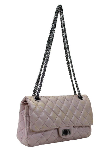 Chanel Womens Quilted 2.55 Reissue 226 Double Flap Handbag Pink Leather