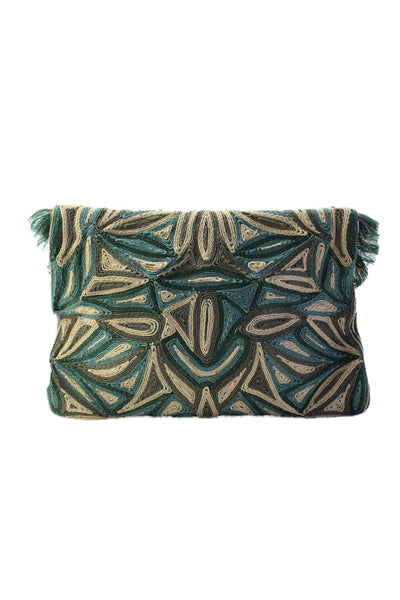 Antik Batik Womens Abstract Fringe Trim Fold Over Envelope Clutch Handbag Green