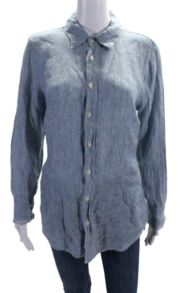 CP Shades Womens Button Front Collared Linen Shirt Blue White Size Medium